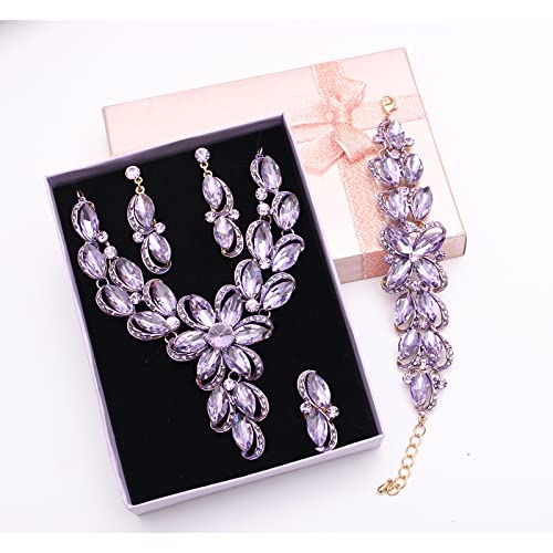 Jewelry Set for Women Rhinestone Austrian Crystal Statement Flower Necklace Link Bangle Bracelet Dangle Earrings Rings Allergy Free Wedding Party Jewelry Set for Bridal Bridesmaid - color: Violet-Gold Plated
