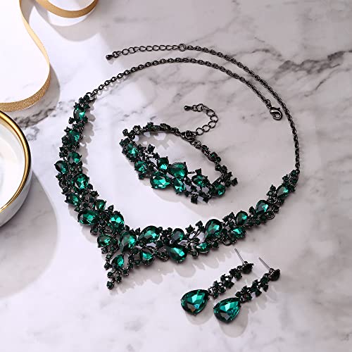 Wedding Bridal Jewelry Set for Women Bride Bridesmaids | Gorgeous Austrian Crystal Teardrop Cluster Statement Necklace Dangle Earrings Link Bracelet Set Prom Jewellery - color: 19-Emerald Color Black-Tone