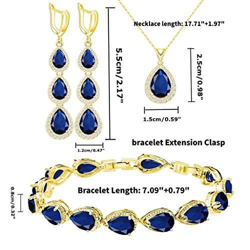 LMXXVJ Necklace Long Earrings Bracelet Set, White Gold Plated Created Blue Sapphire Jewelry Set Wedding Party Gift Jewelry for Women Bridal Bridesmaid - color: Gold-Blue
