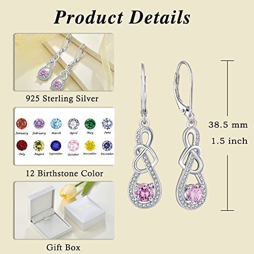 Dangle Drop Earrings for Women 925 Sterling Silver Heart Infinity Leverback Earrings Birthstone Jewelry Gifts for Women Wife Girlfriend Mother Daughter Her - color: 10 October - Pink Tourmaline