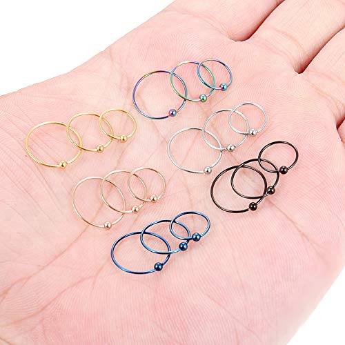 22G Thin Nose Rings Hoops 316L Surgical Steel Captive Bead Septum Nose Hoop Rings Eyebrow Lip Rings Cartilage Helix Rook Daith Earring Piercing Jewelry For Men Women 8mm - color: 18PCS - Mix Color
