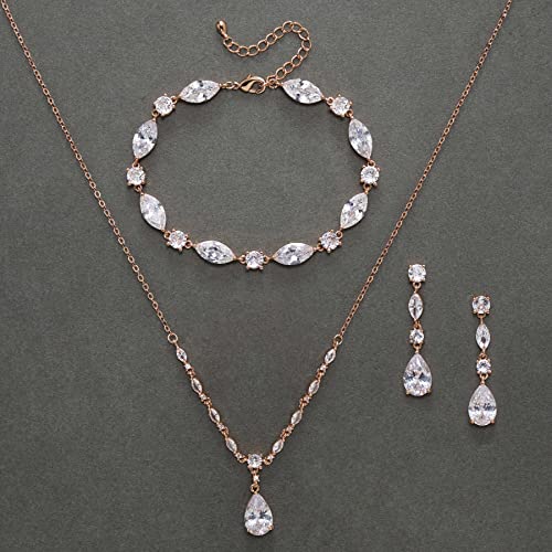 SWEETV Bridal Wedding Jewelry Set for Brides,Teardrop Bridesmaids Jewelry Set - color: 02.Rose Gold