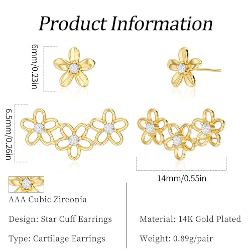 Star 14K Gold Plated Ear Cuff Earrings for Women Non Piercing, Dainty Silver Plated Clip on Cartilage Ear Cuff Non Pierced Trendy CZ Northstar Starburst Sparkling Climber Clawer Earring Jewelry - style: Flower Cluster-4