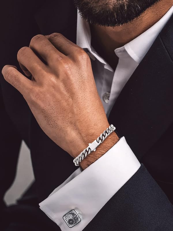 Bandmax Mens Hip Hop Cuban Link Bracelets 5/7/9/12MM Stainless Steel Miami Curb Chain Bracelet Silver/Gold Plated/Black Wristlet Chains for Men 7"-9" - color: 04 7MM-Steel