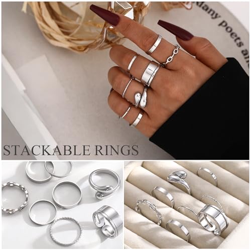 YEEZII 56 Pcs Gold Jewelry Set for Women with 5Pcs Layered Necklace, 5Pcs Layered Necklace, 12 Bracelets, 4 Hoop Earrings, 8 Stackable Rings, 10 hairpins, 12 Studs Earrings Jewerly set for Women - color: Silver
