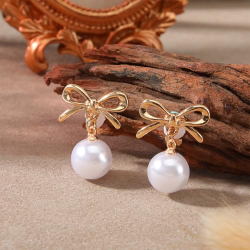 Lusofie Gold Pearl Clip On Earrings for Women Bow Pearl Drop Clip Earrings | Lightweight Non Pierced Hoop Ear Clips for Wedding Bridal