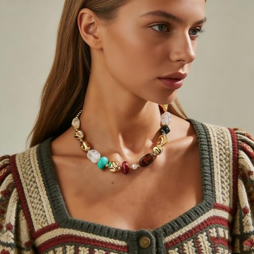 Chunky Acrylic Beaded Necklace for Women Colorful Acrylic Resin Beaded Choker Big Round Beads Statement Necklace Fashion Jewelry - color: Gold