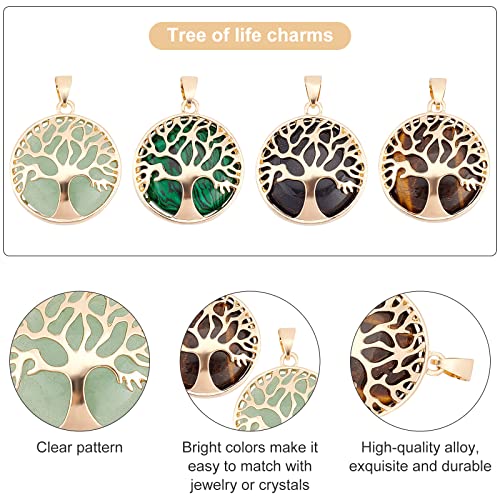 PH PandaHall Tree of Life Pendant Crystal Stone Charms Natural Synthetic Gemstone Pendant Flat Round Quartz Charms