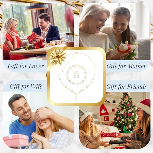 Jewelry Set for Women Bride Bridesmaid Wedding Party Prom Necklace Earrings Bracelet Set Gift for Mother Wife Friend - color: Pearl-Gold-White