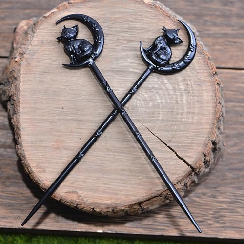 2PCS Retro Halloween Hair Sticks For Women Black Gothic Witch Moon Cat Hairpin Hair Styling Pins (CAL1) - color: CAL1