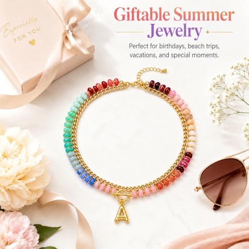 Colorful Beaded Bubble Letter Necklace For Women, Boho Double Layer Dopamine Rainbow Resin Beads Thick Cuban Chain Chunky With Initials Pendant Necklaces Summer Beach Jewelry Gift - color: Dop H