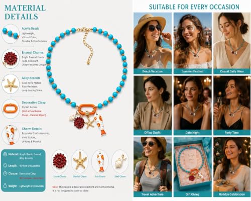 LIU JUN Colorful Beaded Necklace for Women, Chunky Boho Fish Starfish Conch Pendant Acrylic Bead Necklaces Cute Y2K Summer Beach Jewelry Gifts - color: Seahorse-1