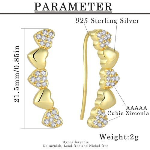 Heart Climber Earrings for Women 925 Sterling Silver White/Yellow/Rose Gold Plated Cubic Zirconia Ear Crawler Earrings Jewelry - color: Yellow