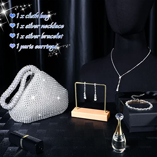 4 Pcs Silver Clutch Purse Jewelry Set for Women Rave Accessories Evening Rhinestone Purse Silver for Bride Wedding - style: Stylish Style