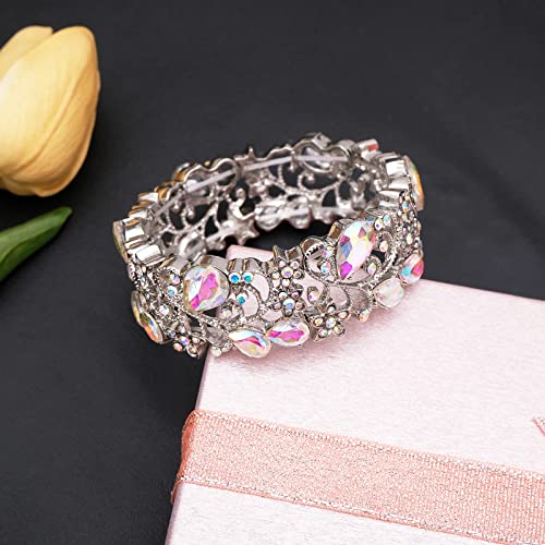 CSY Elegant Crystal Costume Jewelry Sets Flower Bridal Necklace Earrings Stretch Bangle Set for Bride Bridesmaid Wedding Dress Accessories - color: AB crystal