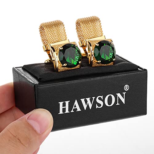 HAWSON Mens Cufflinks with Chain - Stone and Shiny Gold Tone Shirt Accessories - Party Gifts for Young Men - color: 24K Gold Color+Green Crystal