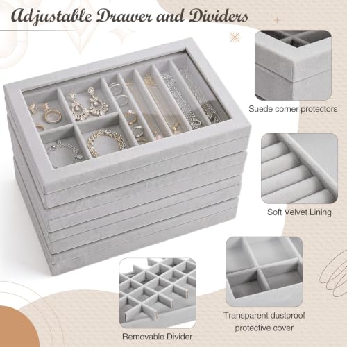 SiliFine Set of 4 Large Stackable Velvet Jewelry Trays with 4 Lids,Gray - color: Gray