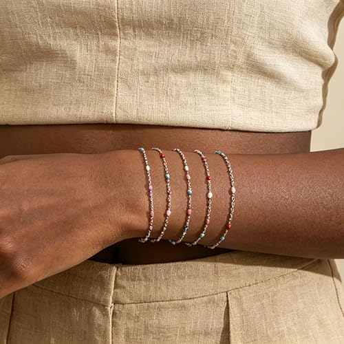 6 PCS Enamel Beaded Chains Bracelet Stainless Steel Link Bracelets | 6.7"+1.18", With Extender Chain, Fashion Jewelry Set, Gift For Women, Colorful, No Fade - color: Mixcolor Silver