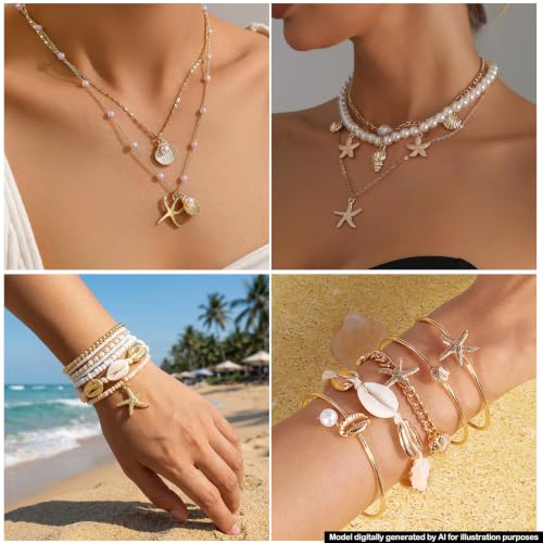 Beach Jewelry for Women - 32 Pcs Mermaid Jewelry Set | Includes Layering Seashell Necklace, Starfish Bracelets, Shell Earrings and Rings, Coastal Jewelry for Women