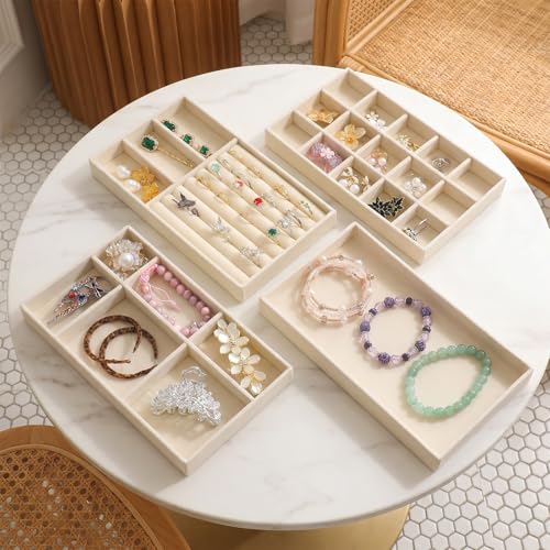 8 Pack Velvet Jewelry Trays Stackable Jewelry Organizer Tray Inserts for Drawer Beige Jewelrys Storage and Display Case for Necklaces Rings Earrings Bracelets