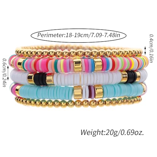Friendship Bracelets for Women - Heishi Surfer Colorful Smile Evil Eye Clay Beaded Stretch Bracelets Elastic Layering - Stackable Boho Disc Y2K Aesthetic Summer Jewelry Set. - color: D-Clay 5pc - Colorful