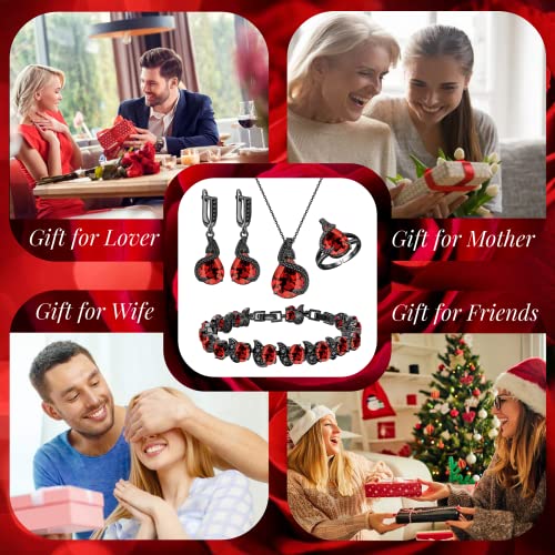 GZWHD Jewelry Set for Women Water Drop Cubic Zirconia Artificial Crystal Earrings Pendant Necklace Open Ring Tennis Bracelet Wedding Anniversary Birthday Engagement Gift for Bridesmaid Wife Girlfriend Friend - color: Black Gun-Garnet