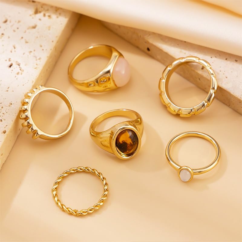 Vintage Boho Crystal Rings Set Chunky Retro Style Gold Statement Big Fashion Western Antique Hippie Knuckle Cocktail Ring Stack Jewelry for Women