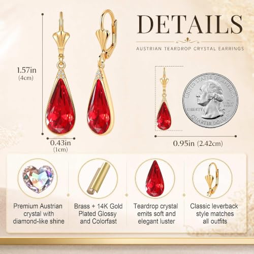 Teardrop Austrian Crystal Leverback Dangle Drop Earrings for Women | 14K Gold Plated,Classic Teardrop Elegance,Leverback for Easy Secure Wear,Gift Box Included, Brighten Up Daily and Party Looks - color: Red