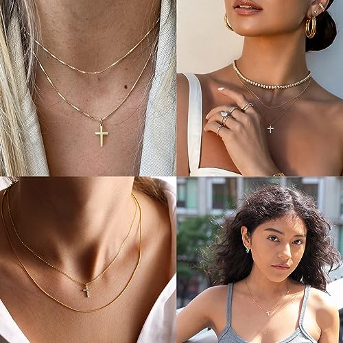 Poxtex Cross Necklace for Women Teen Girls, Dainty 14K Gold Silver Plated Cross Choker Jewelry Non Tarnish Waterproof Cute Simple Small Necklace Christian Baptism Religious Faith Jewelry Gifts - color: 03 Gold Diamond Cross Necklace