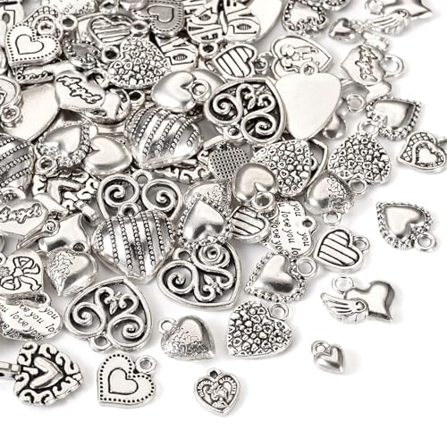 Elecrelive Crystal Heart Charms Rhinestone Heart Pendants Valentine Charms for Necklace Bracelet Earring Wedding Jewelry - color: Antique Silver, 100pcs