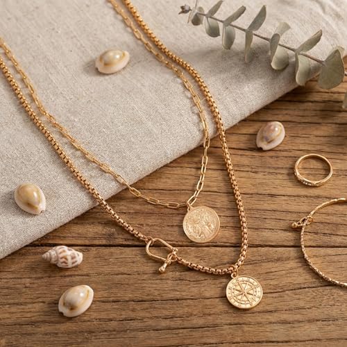QCWN Gold Layered stacked Necklaces for women 3PS Chunky Statement Necklaces Stack Mixed Metal Charm Necklace for Women Trendy Coin Jewelry Gift for Her Gifts - style: Layered stack 7