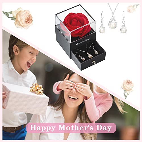 EleQueen 925 Sterling Silver CZ Freshwater Cultured Pearls Bridal Pendant Necklace Earrings Wedding Jewelry Sets, Valentine's Day/Mother's Day/Christmas Gift - style: 02-Preserved Real Rose Box+Ivory Pearl Jewelry Set