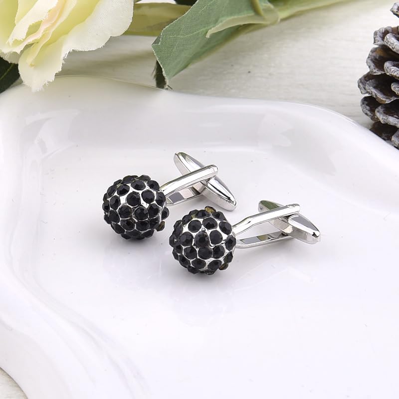 Round Rhinestone Cufflinks for Men Tuxedo Shirt Studs Crystal Ball Cufflinks French Cuff Links for Men Wedding Business Prom - color: Black