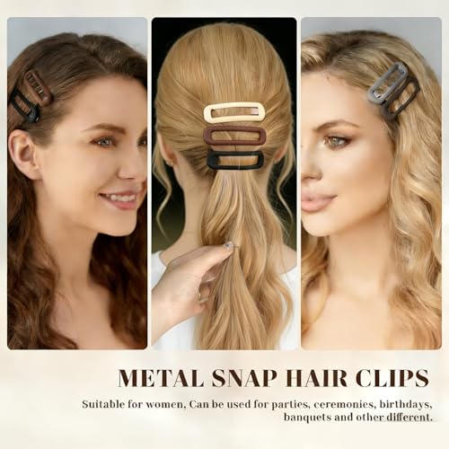 24 Pcs Rectangle Snap Hair Clips for Women Girls, 2.7 inch Large No Slip Neutral Matte Metal Hair Barrettes for Thick Thin Fine Hair - color: Black/Brown/Khaki/Grey/Pink/Beige