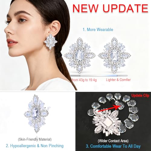 Prom Silver Clip On Earrings for Women Trendy Hypoallergenic Non Pierced Statement Cubic Zirconia Earrings for Women Large Rhinestone Earring Formal Wedding Jewelry Gifts - color: Silver