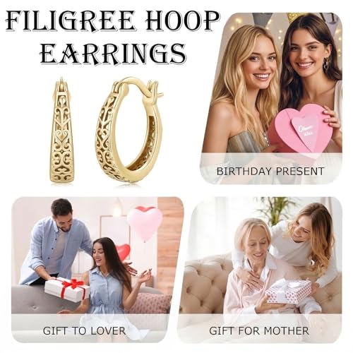 14K Gold Earrings for Women Gold Filigree/Celtic Huggie Earrings Jewelry Easter Mothers Day Gifts for Mom Girlfriend - style: Filigree-B