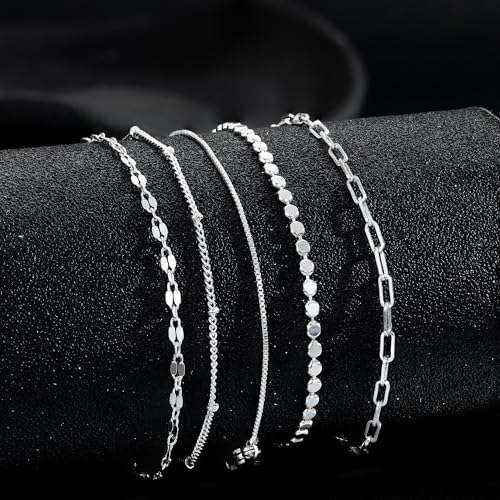 5Pcs Thin Silver Plated Bracelets Sets for Women Dainty | Silver Jewelry Trendy Stackable Rope Snake Box Figaro Chain Bracelets Pack Costume Fashion Gifts - style: 5Pcs BRACELET SET-01