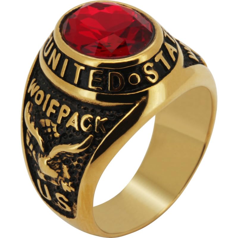 316L Stainless Steel 18k Yellow Gold Plated AAA Cubic Zirconia US Army Wolfpack Birthstone Signet Ring - color: GOLD-RED