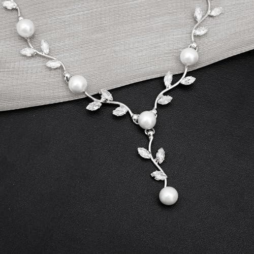 Elegant Bridal Jewelry Sets for Wedding Bride Leaf Shape Cubic Zirconia Necklace Earrings Bracelet Set Prom Costume Accessories - color: White CZ+White Pearl- Platinum