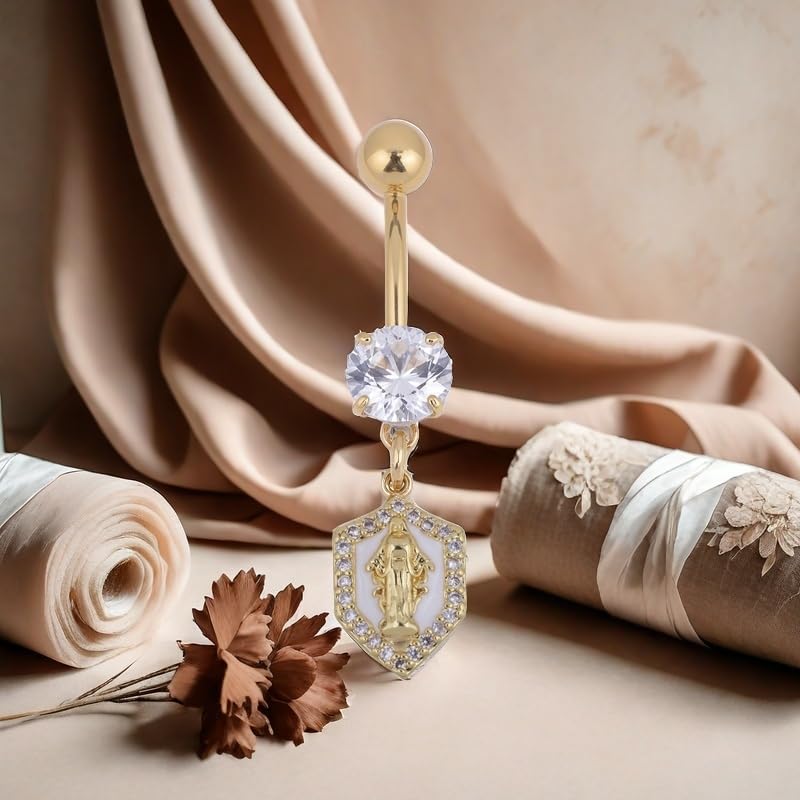 B BodyPJ Sparkles 14G Religious Belly Button Ring with Crystal Cross and Religious Charms, Stainless Steel - style: Type C,Gold