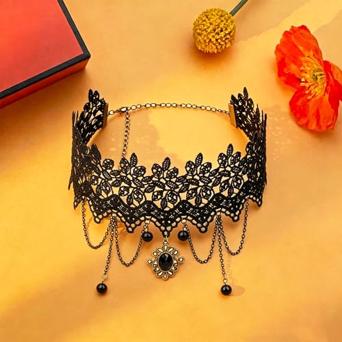 coadipress Gothic Lace Choker Necklace for Women Crystal Royal Court Vampire Choker Gothic Necklace Retro Handmade Halloween Gifts