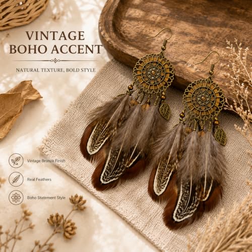 Boho Brown Feather Earrings for Women, Vintage Dream Catcher Dangle Jewelry | Brown feather layers and antique bronze-tone filigree create a bold boho look for festivals, western outfits and casual wear.