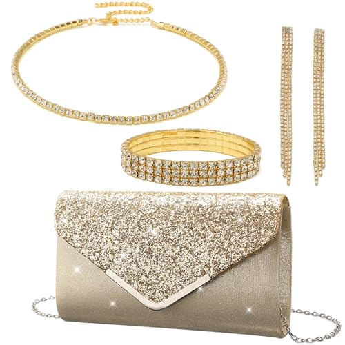 YYW 4 Pieces Women Evening Handbags Clutch Purse Bag with Rhinestone Crystal Jewelry Set for Wedding Party - color: Gold