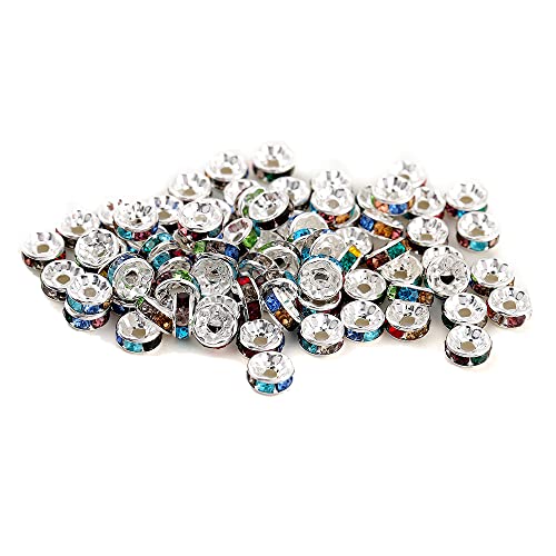 200PCS Rondelle Spacer Beads 8mm Silver Plated Czech Mix Crystal Rhinestone for Jewelry Making - color: 200Pcs Silver Plated/Mix, size: 8mm