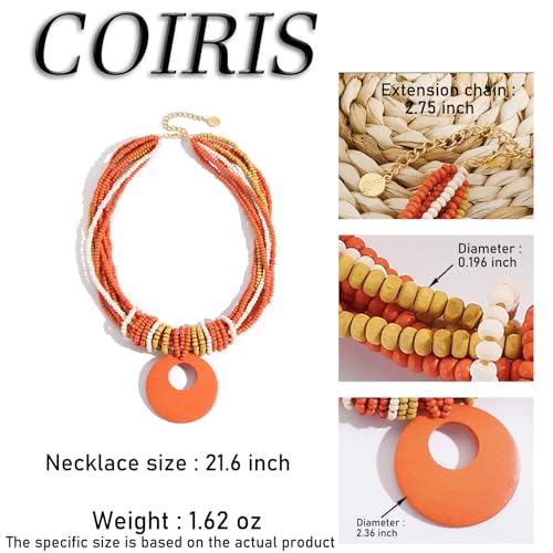 Coiris Chunky Necklaces for Women Statement Wooden Beaded Funky Boho Circle Pendant Necklace Jewellery Gift for Women - color: Orange