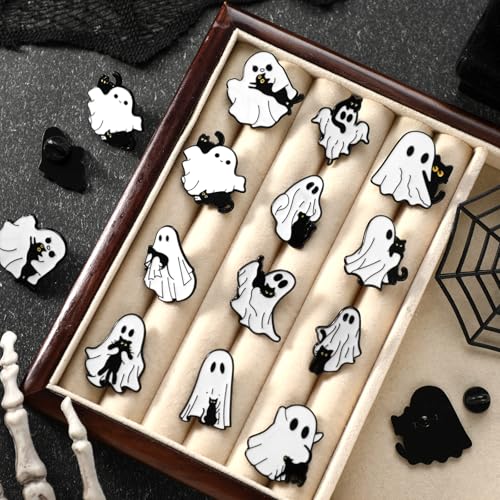 Liliaafar 36 Pieces Halloween Enamel Pins Set Grow in the Dark Halloween Lapel Pins Bulk for Backpacks Clothing Hat Bag Gifts - style: Black Cat Ghost
