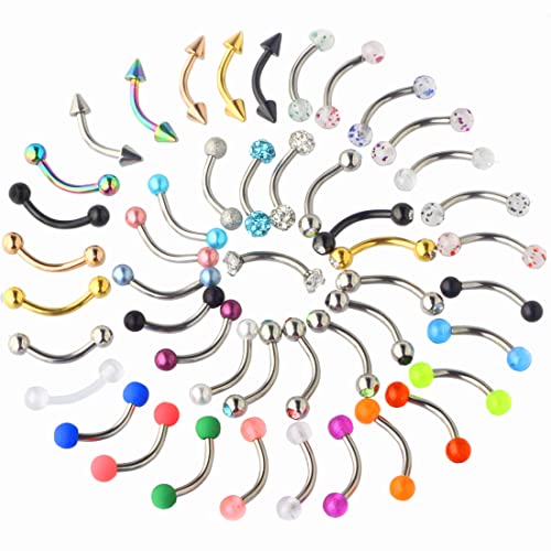 Suotarn 47pcs 16G Stainless Steel Eyebrow Piercing Rings Clear CZ Curved Barbell Helix Daith Rook Earrings Piercing Body Jewelry for Women Men - style: 47pcs mix