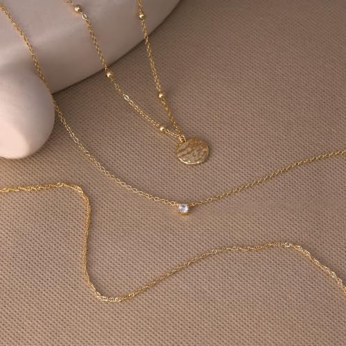 Ewrkbr Layered Necklaces for Women, Dainty Gold Necklace Stack 14k Gold Plated Layering Beaded Chain Choker Necklaces for Women Trendy Simple Disc Star Pendant Necklace Set Fashion Waterproof Jewelry - color: Gold-Wave