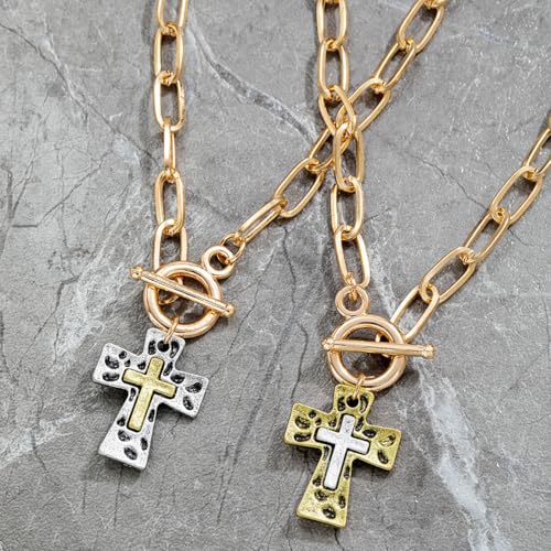 Chunky Cross Necklace for Women,Gold Silver Layered Hammered Cross Pendant Necklace Statement Paperclip Toggle Charm Chain Herringbone Snake Choker Christian Jewelry Outfit Accessories - color: ASilver Gold