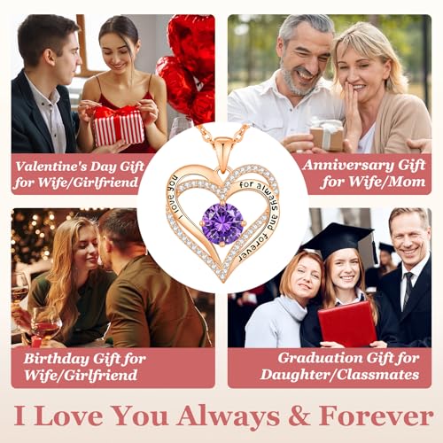 CDE Engraved Forever Love Heart Birthstone Necklace Jewelry Gifts for Women | Hypoallergenic,Nickel-Free & Lead-Free,3 x 3 mm 5A CZ Heart Pendant,Anniversary Christmas Birthday Gift for Girlfriend Wife - color: 02-Feb, style: Rose Gold Plated